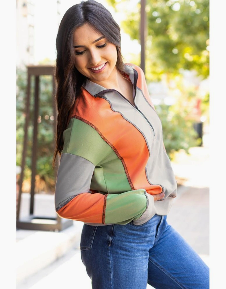 Light Grey Color Block Stitching Detail Half Zipper Sweatshirt