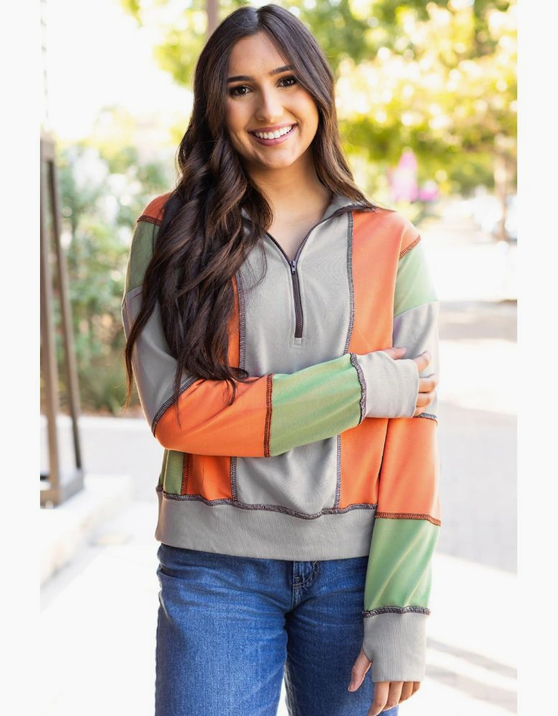 Light Grey Color Block Stitching Detail Half Zipper Sweatshirt