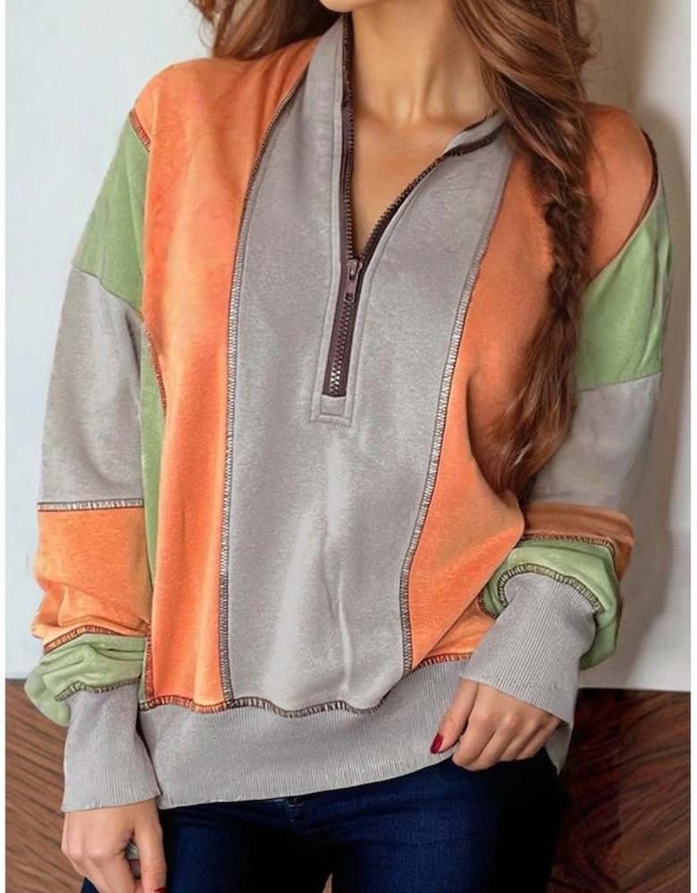 Light Grey Color Block Stitching Detail Half Zipper Sweatshirt