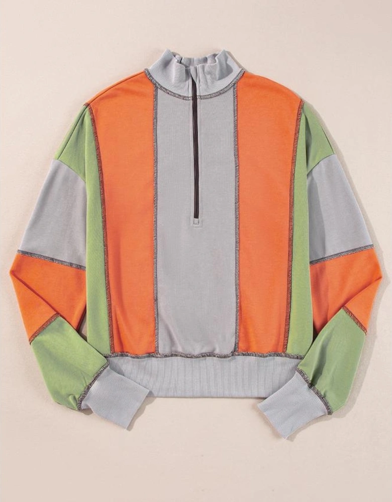 Light Grey Color Block Stitching Detail Half Zipper Sweatshirt