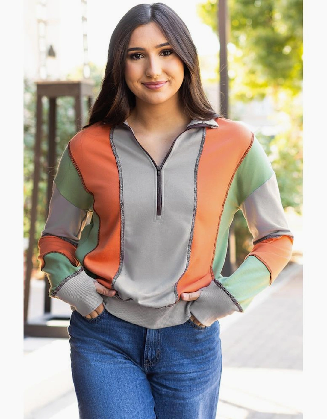 Light Grey Color Block Stitching Detail Half Zipper Sweatshirt