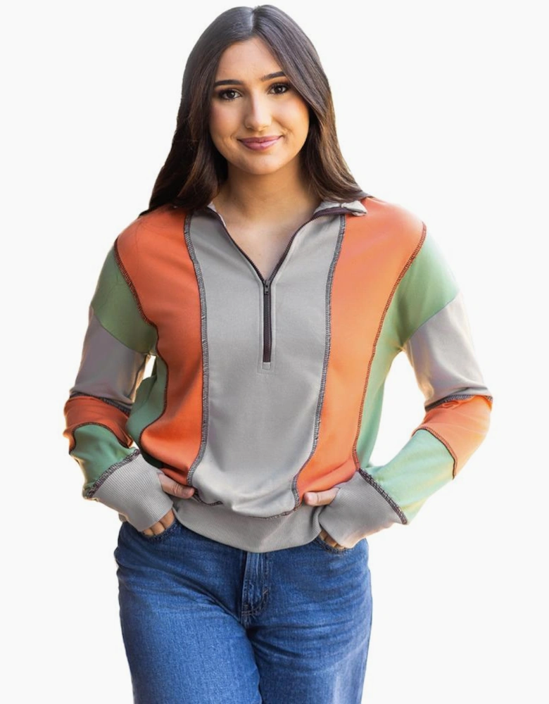 Light Grey Color Block Stitching Detail Half Zipper Sweatshirt