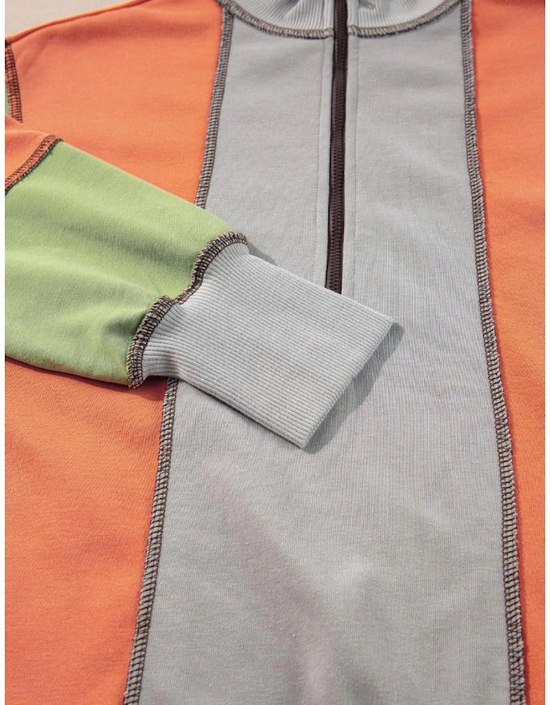 Light Grey Color Block Stitching Detail Half Zipper Sweatshirt