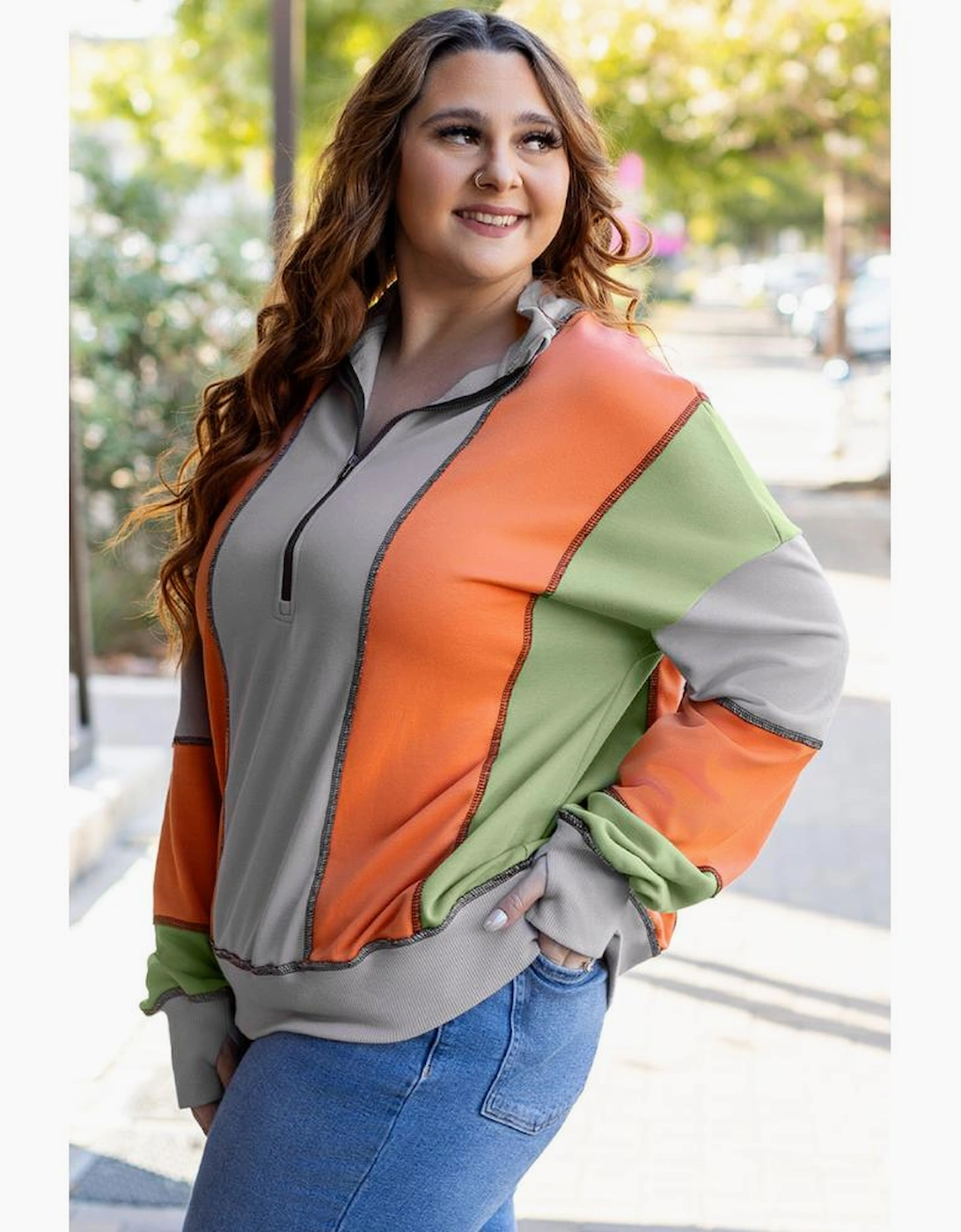 Light Grey Color Block Stitching Detail Half Zipper Sweatshirt