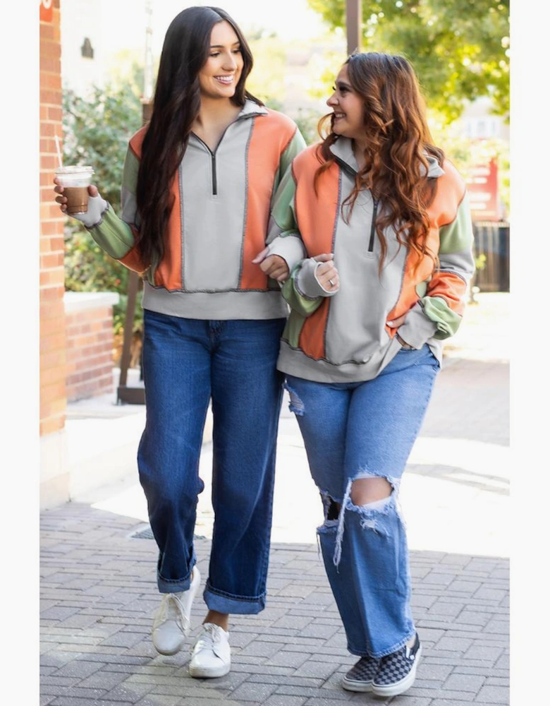 Light Grey Color Block Stitching Detail Half Zipper Sweatshirt