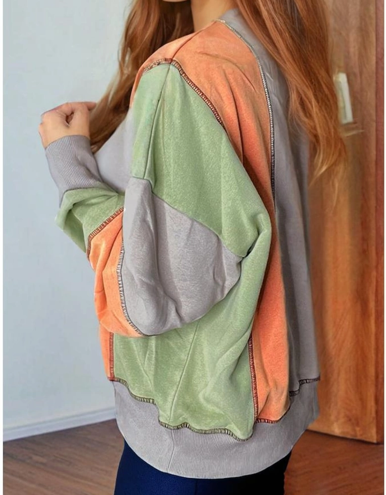 Light Grey Color Block Stitching Detail Half Zipper Sweatshirt