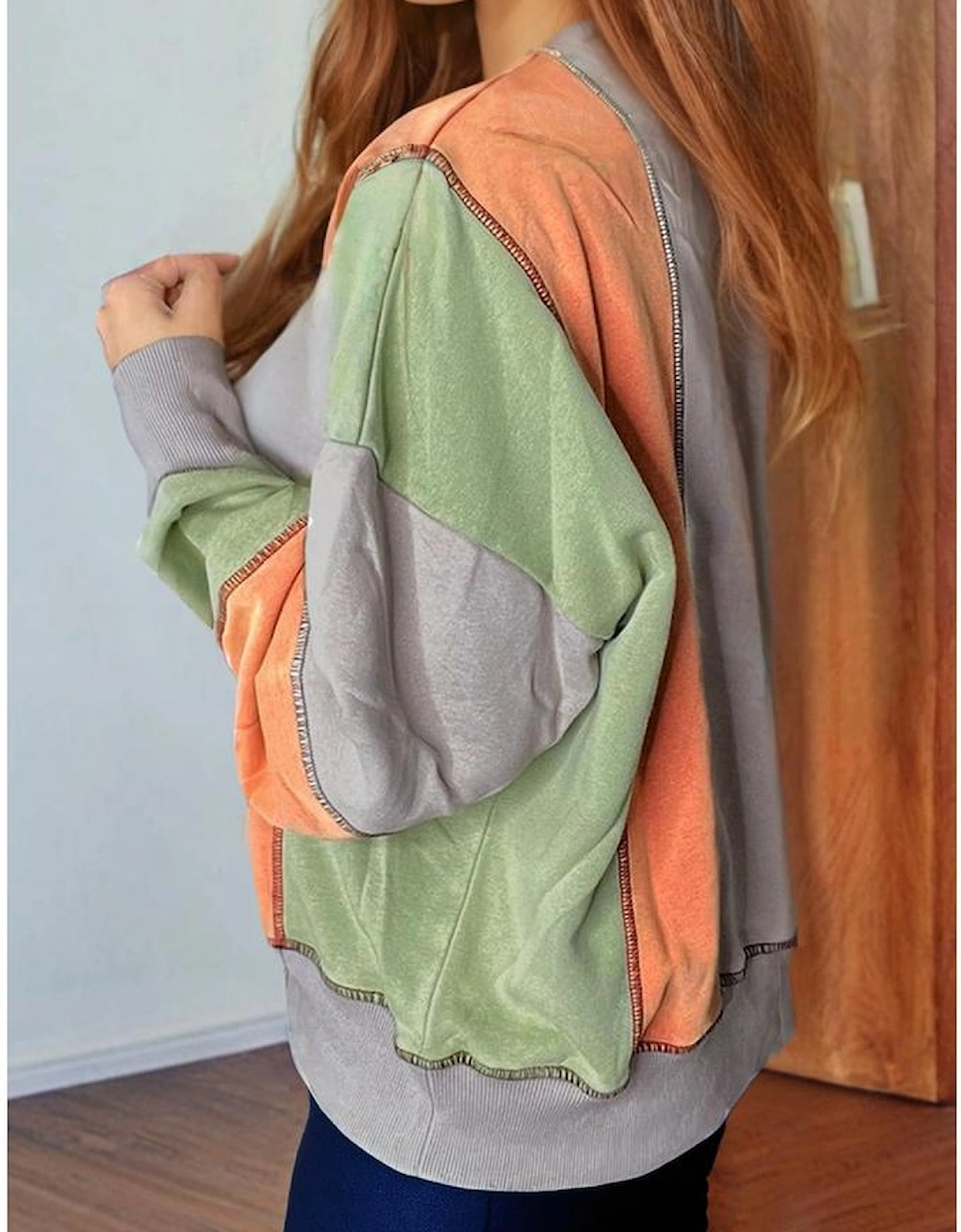 Light Grey Color Block Stitching Detail Half Zipper Sweatshirt