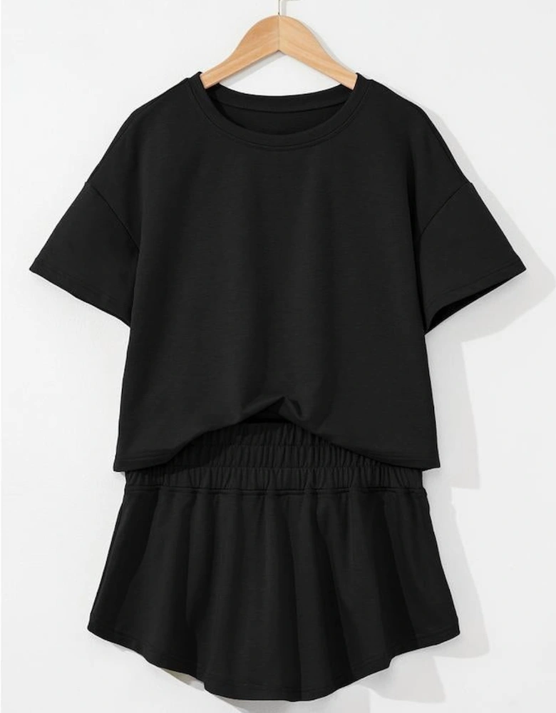 Black 2pcs Cropped Tee and Ruffle High Waist Skort Set