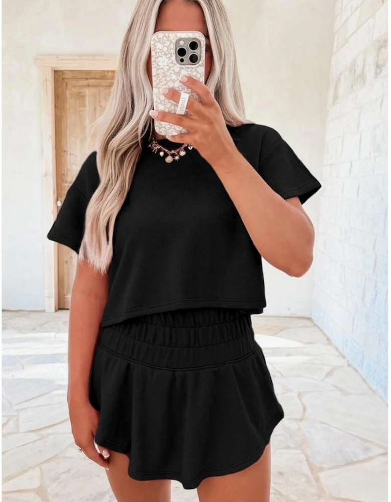 Black 2pcs Cropped Tee and Ruffle High Waist Skort Set