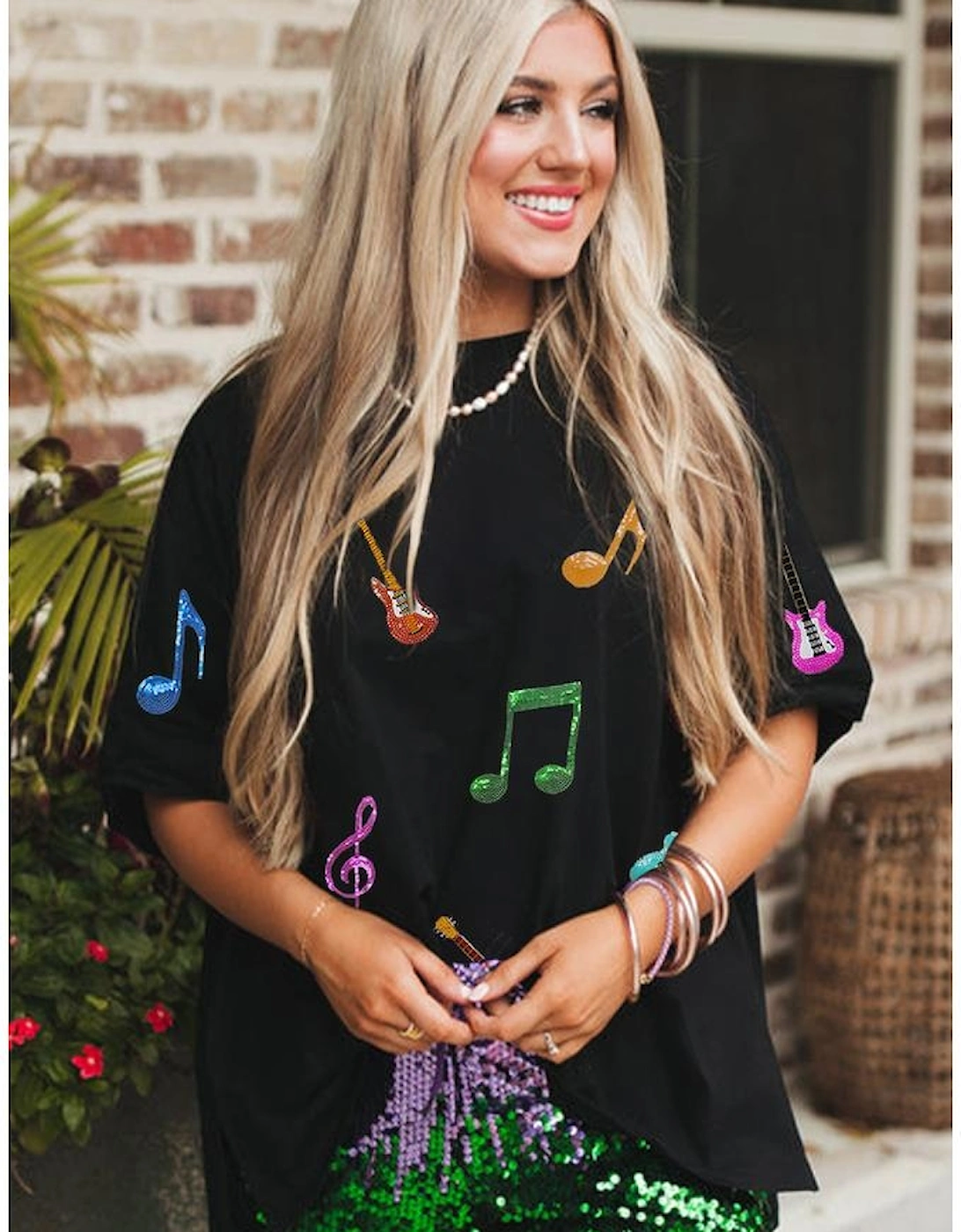 Black Guitar Music Notes Patched Graphic Oversize Tee, 9 of 8