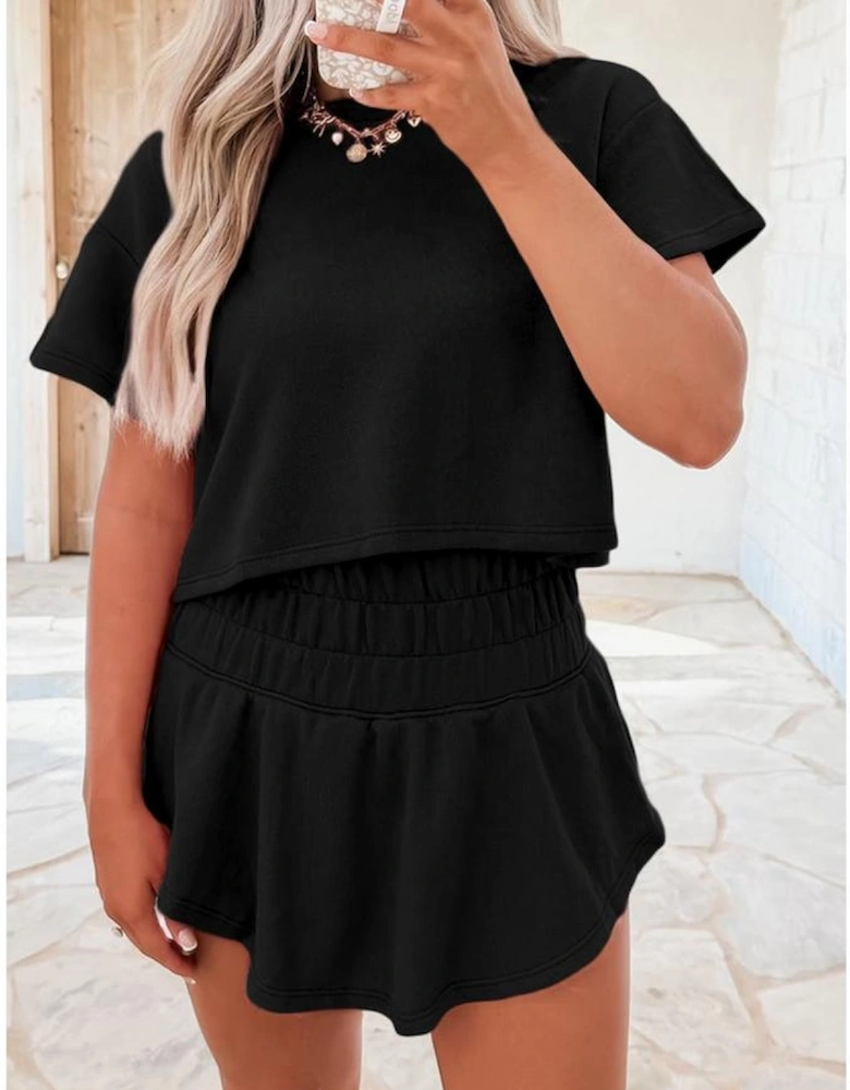 Black 2pcs Cropped Tee and Ruffle High Waist Skort Set