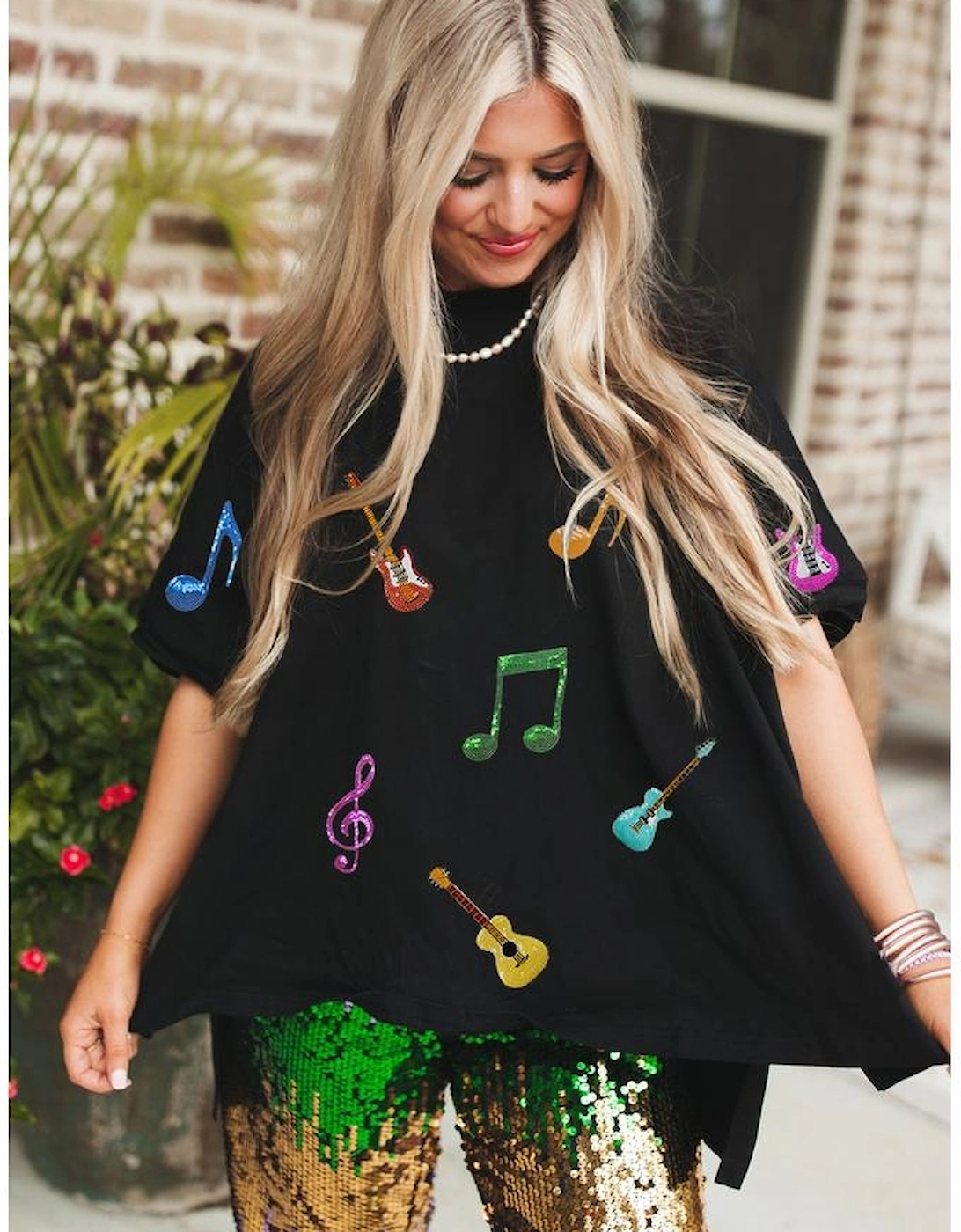 Black Guitar Music Notes Patched Graphic Oversize Tee