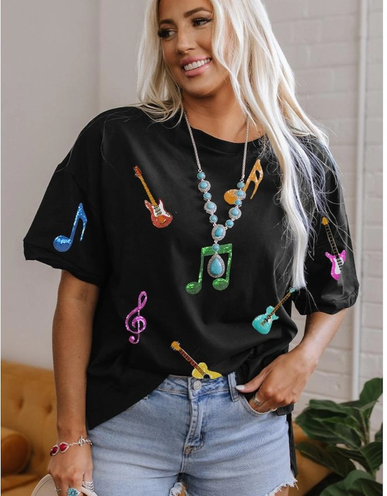 Black Guitar Music Notes Patched Graphic Oversize Tee