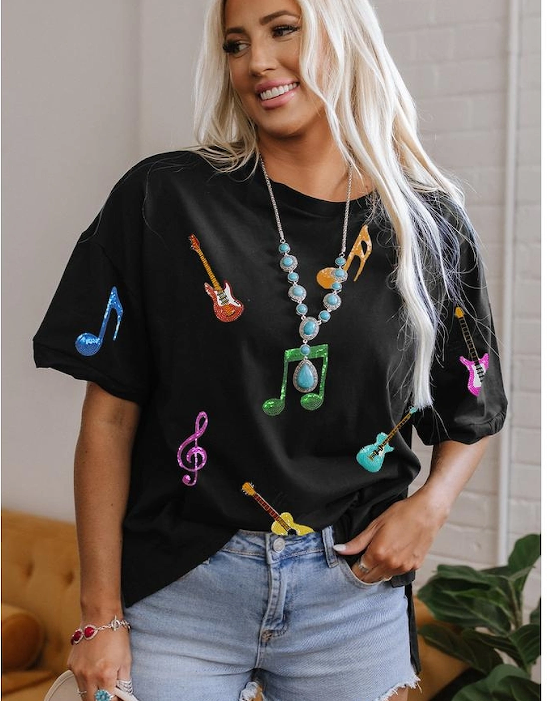 Black Guitar Music Notes Patched Graphic Oversize Tee