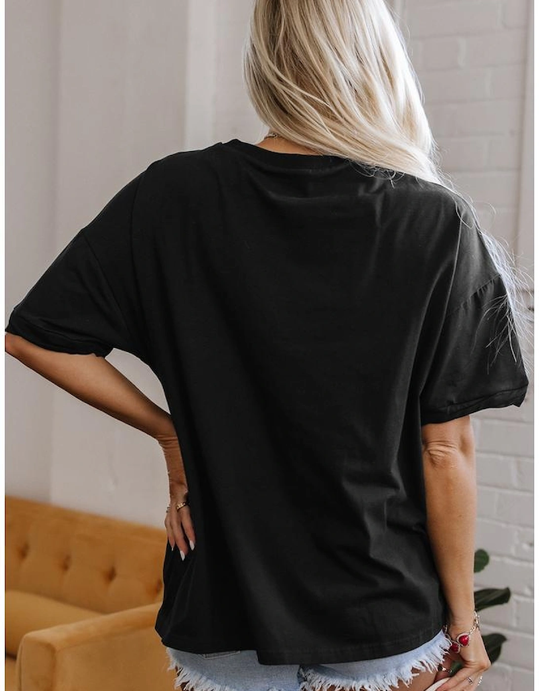 Black Guitar Music Notes Patched Graphic Oversize Tee