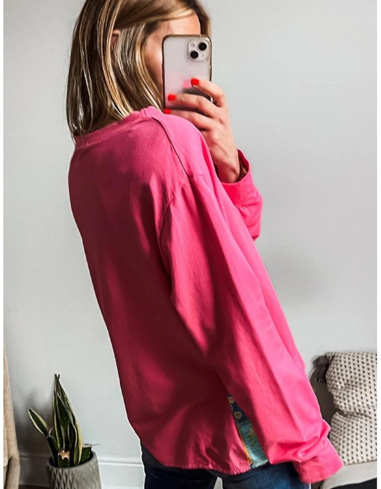 Strawberry Pink Floral Hemline Patchwork Round Neck Casual Top