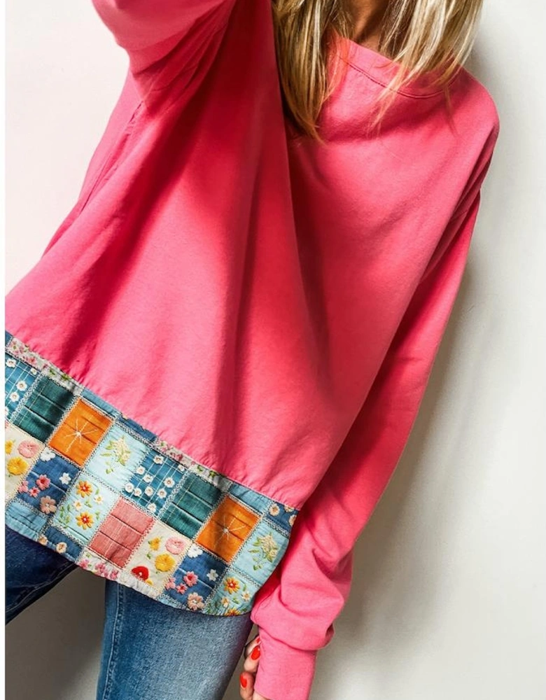 Strawberry Pink Floral Hemline Patchwork Round Neck Casual Top