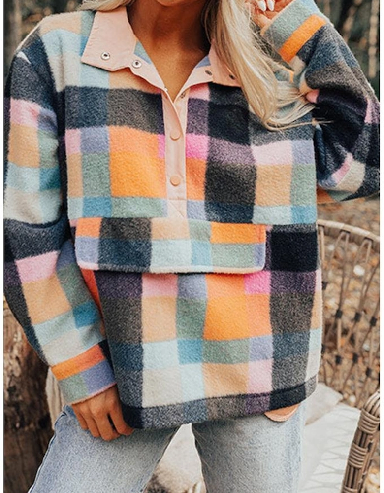 Black Plaid Print Pocketed Half Button Collared Sweatshirt