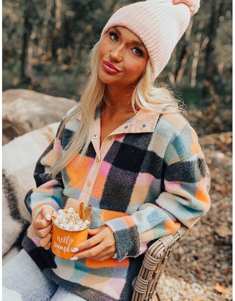 Black Plaid Print Pocketed Half Button Collared Sweatshirt