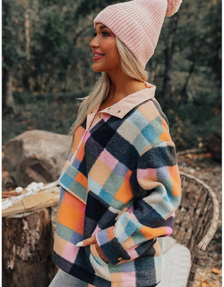 Black Plaid Print Pocketed Half Button Collared Sweatshirt