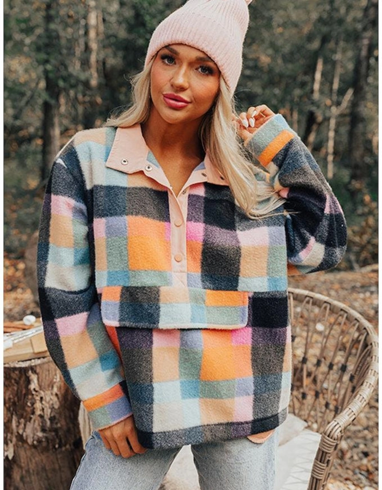 Black Plaid Print Pocketed Half Button Collared Sweatshirt