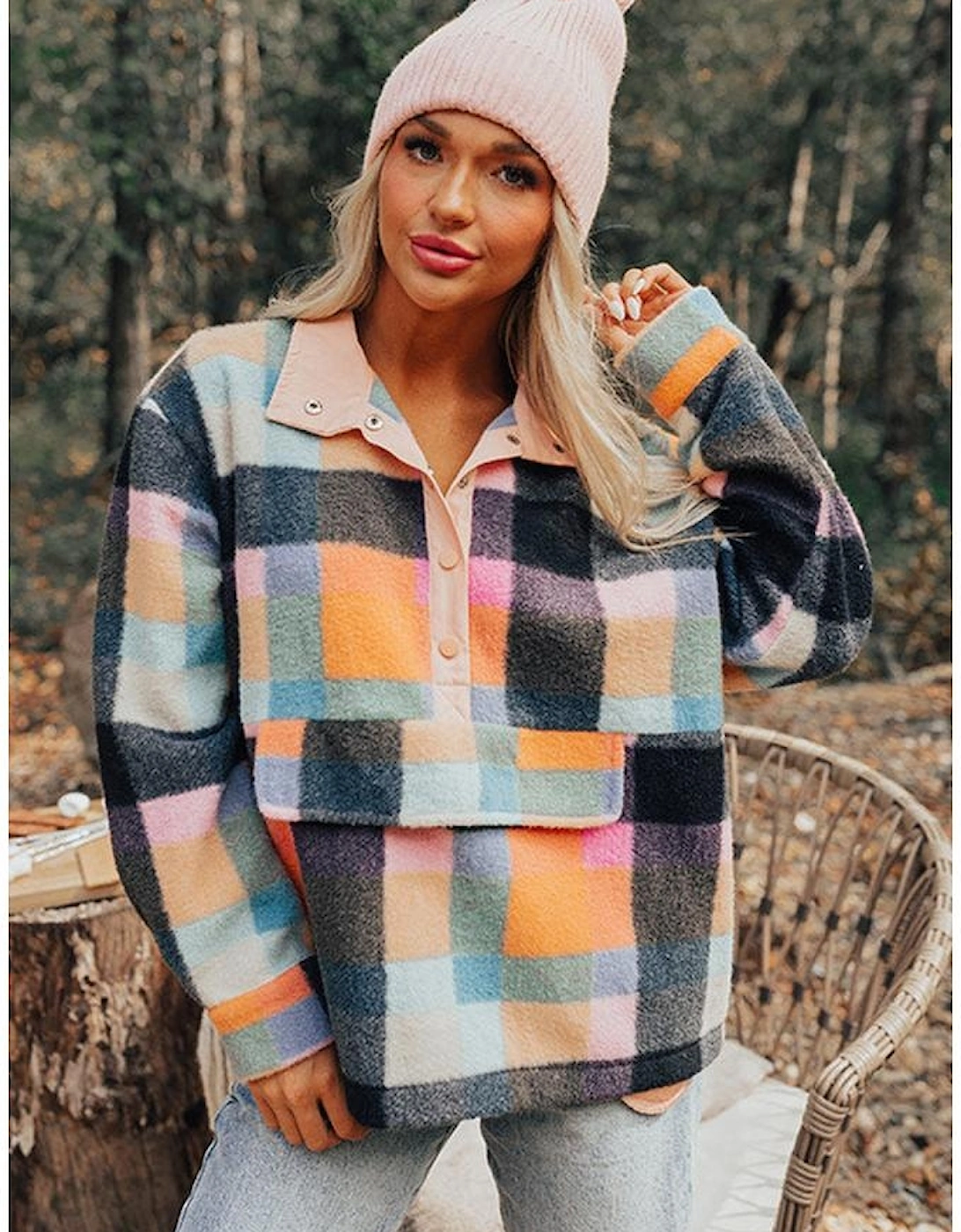 Black Plaid Print Pocketed Half Button Collared Sweatshirt