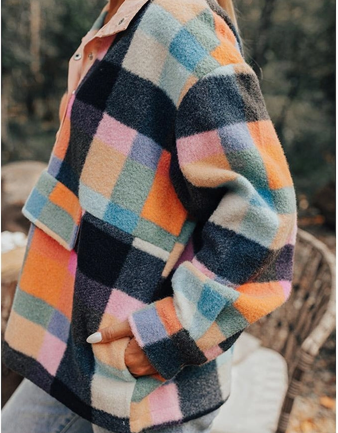 Black Plaid Print Pocketed Half Button Collared Sweatshirt