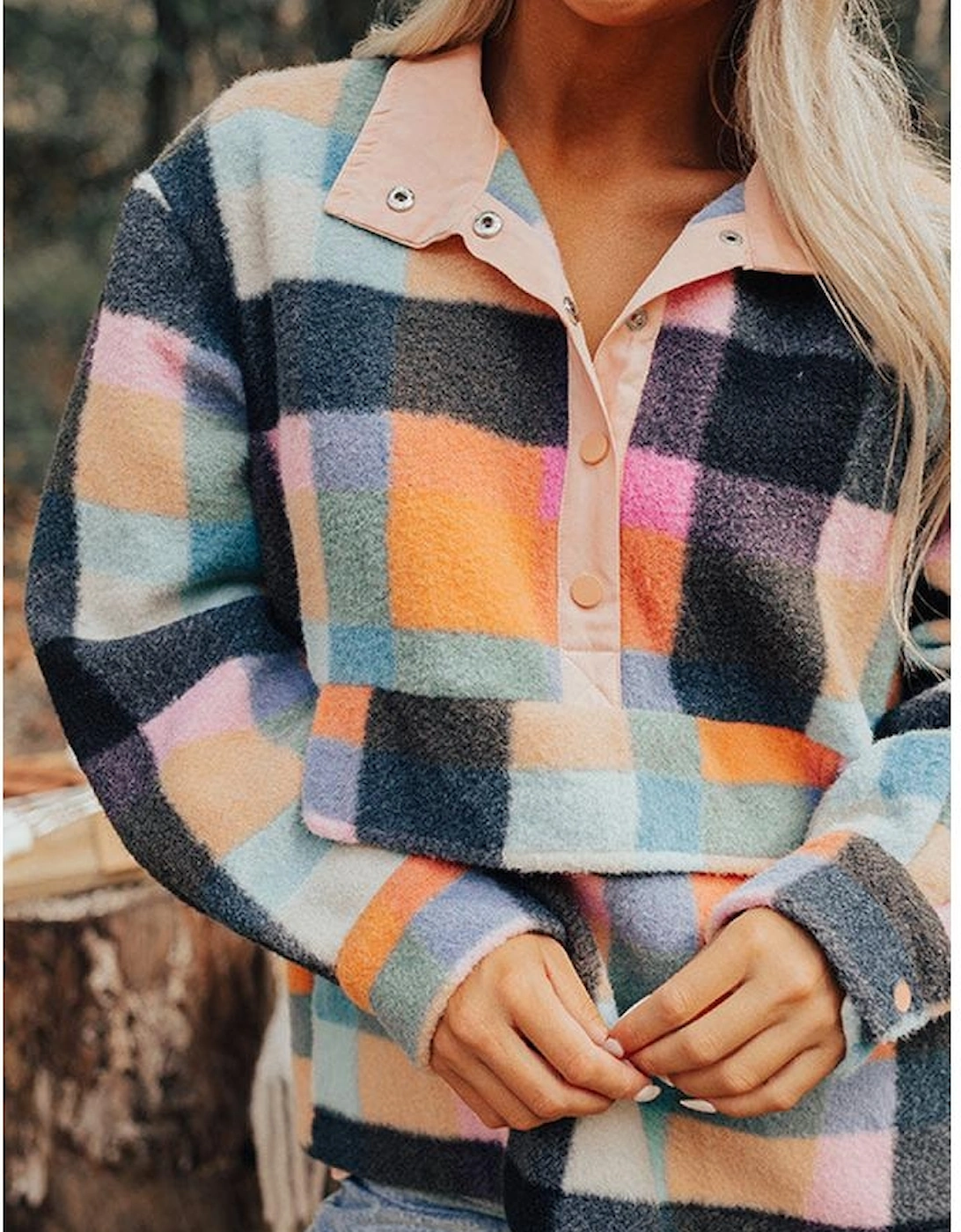 Black Plaid Print Pocketed Half Button Collared Sweatshirt