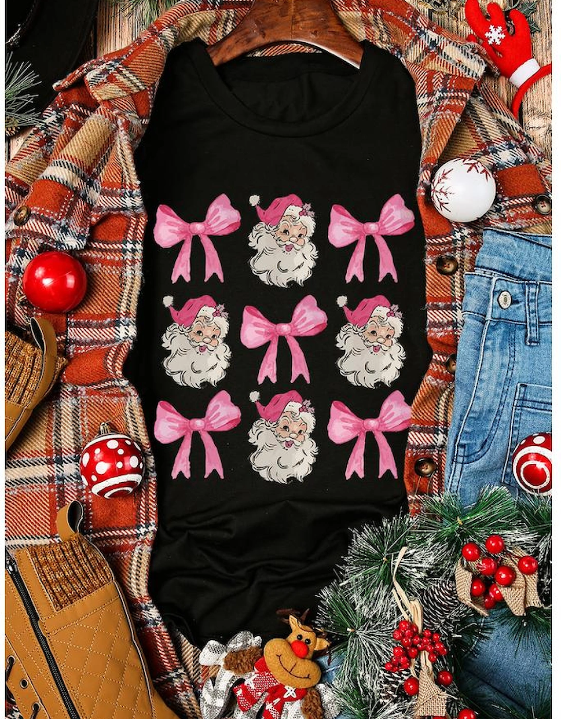 Black Santa Claus Bow Knot Christmas Graphic T Shirt