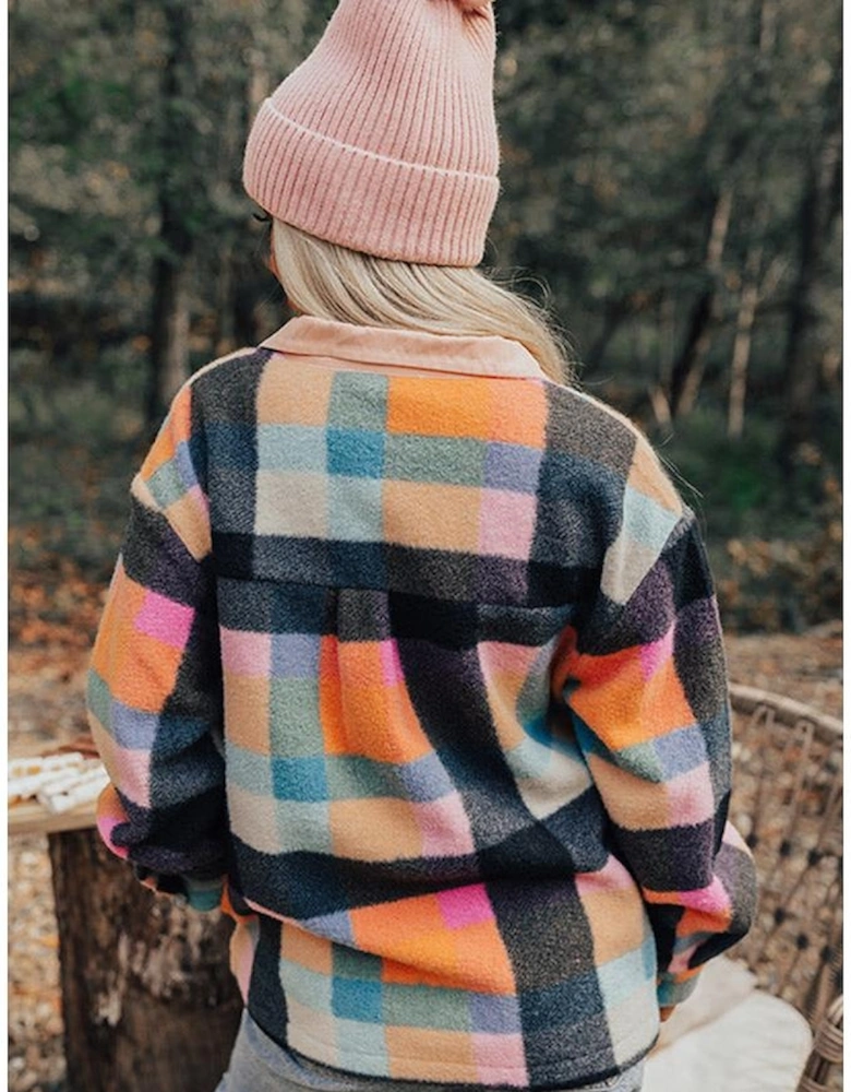 Black Plaid Print Pocketed Half Button Collared Sweatshirt