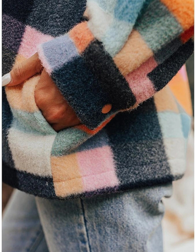 Black Plaid Print Pocketed Half Button Collared Sweatshirt