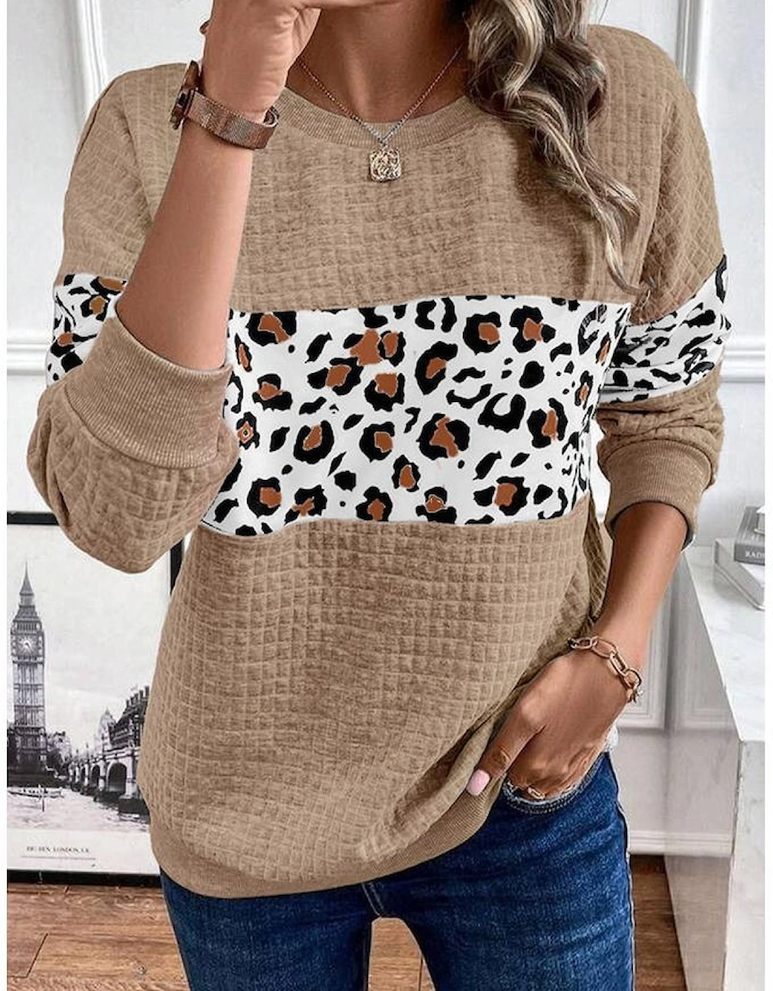 Parchment Leopard Quilted Patchwork Crew Neck Sweatshirt