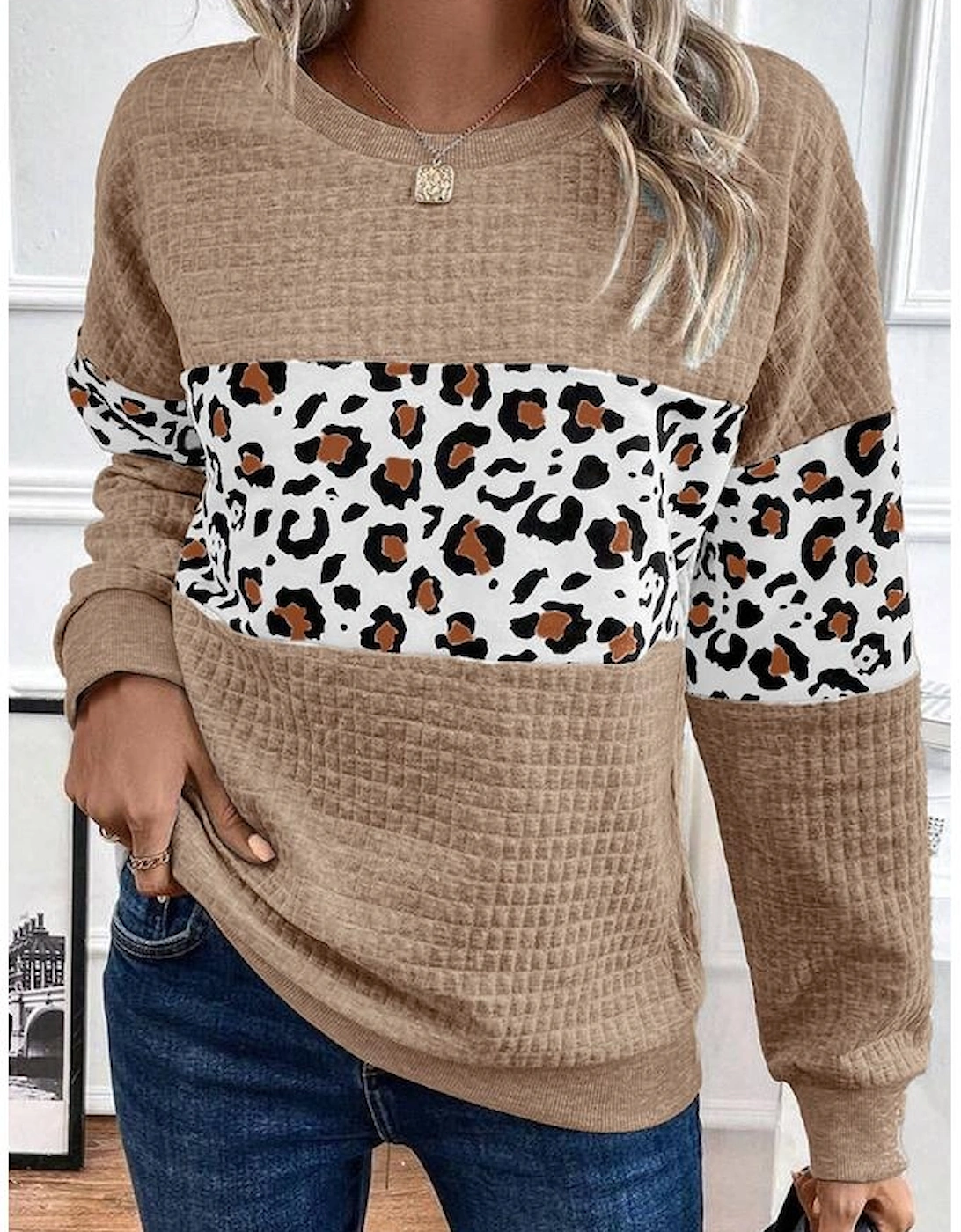 Parchment Leopard Quilted Patchwork Crew Neck Sweatshirt