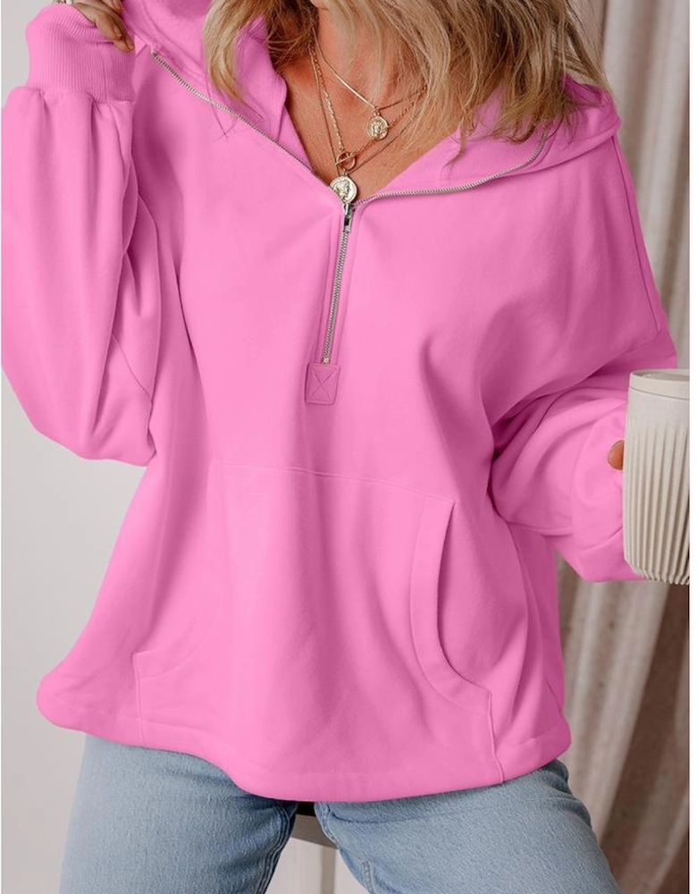 Bonbon Fleece Lined Half Zipper Kangaroo Pockets Loose Hoodie