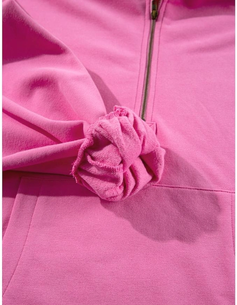 Bonbon Fleece Lined Half Zipper Kangaroo Pockets Loose Hoodie