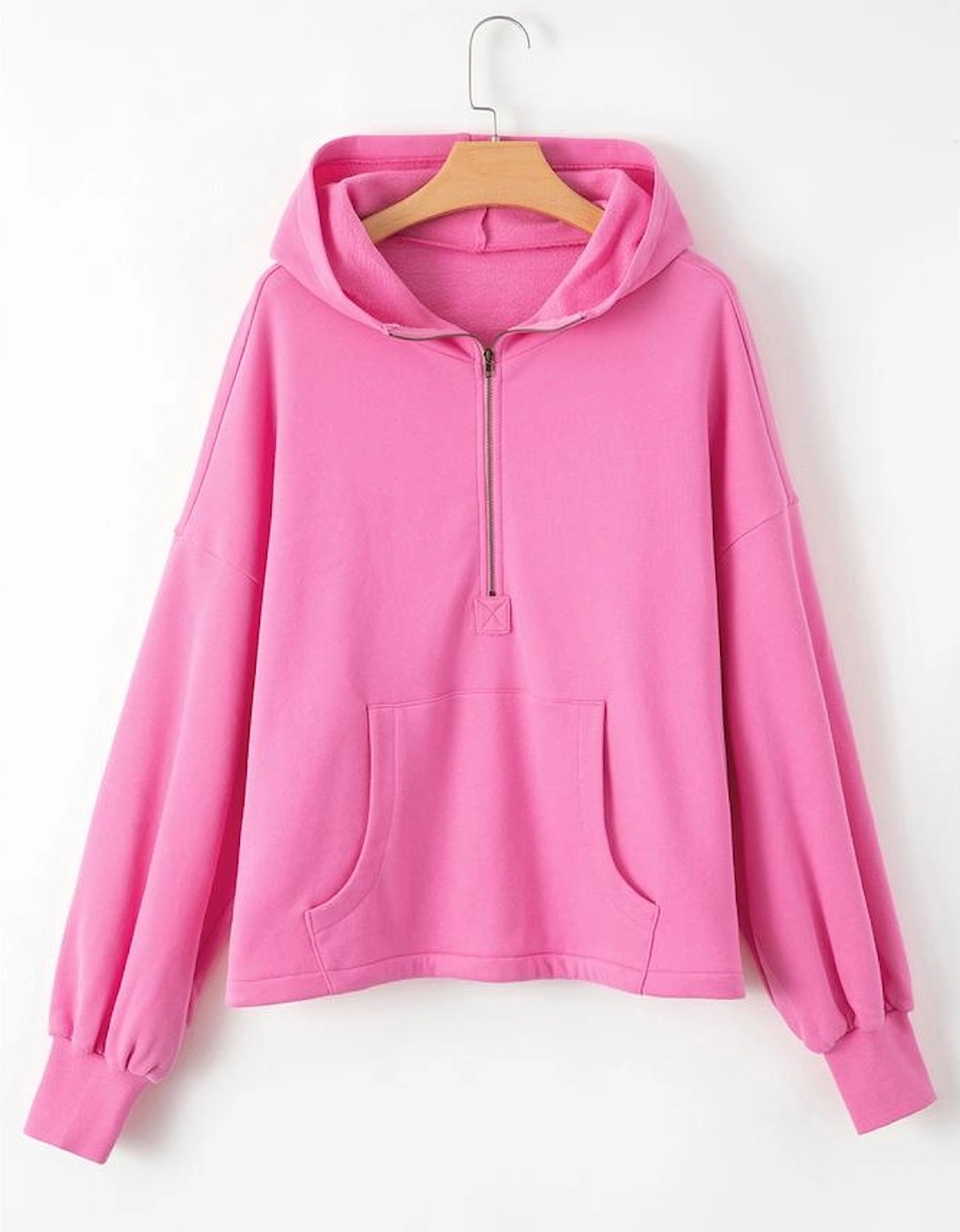 Bonbon Fleece Lined Half Zipper Kangaroo Pockets Loose Hoodie