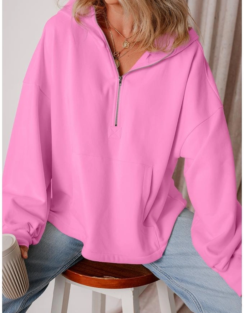 Bonbon Fleece Lined Half Zipper Kangaroo Pockets Loose Hoodie