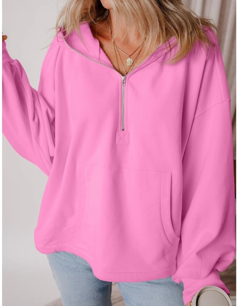 Bonbon Fleece Lined Half Zipper Kangaroo Pockets Loose Hoodie