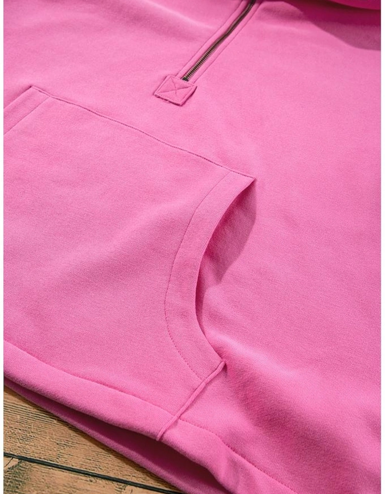 Bonbon Fleece Lined Half Zipper Kangaroo Pockets Loose Hoodie