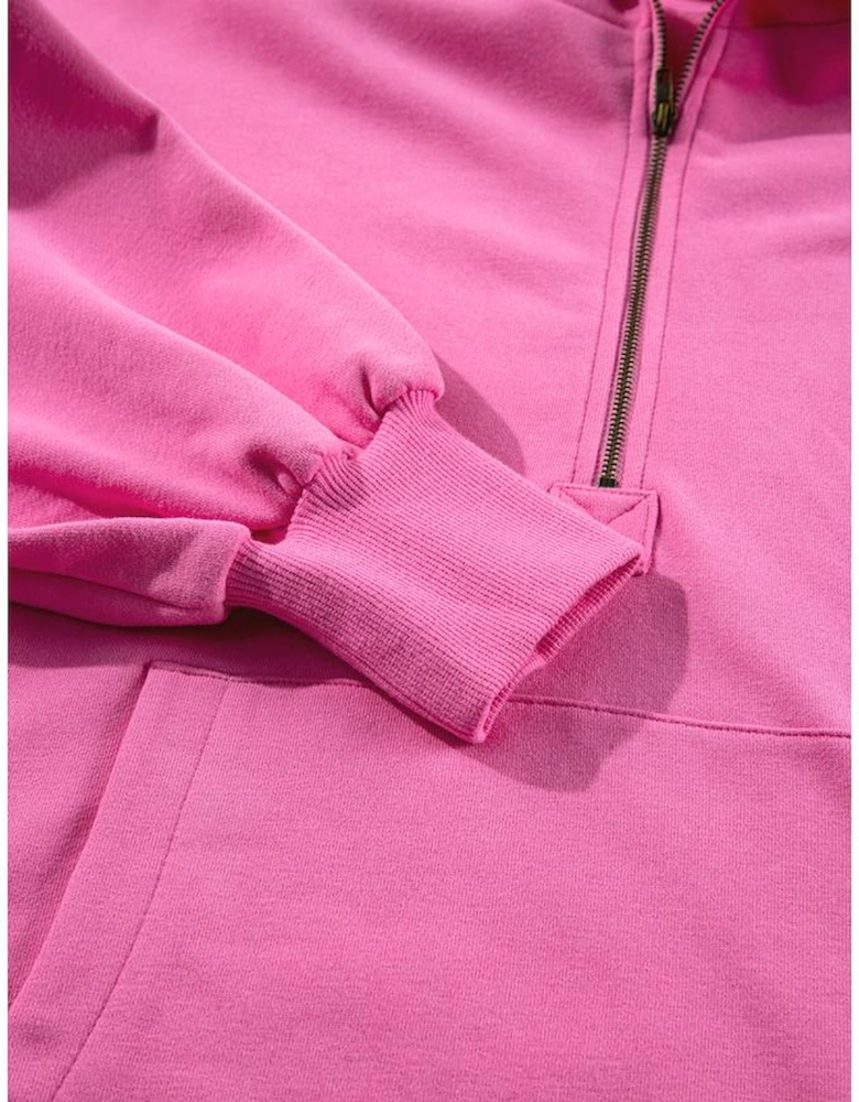 Bonbon Fleece Lined Half Zipper Kangaroo Pockets Loose Hoodie
