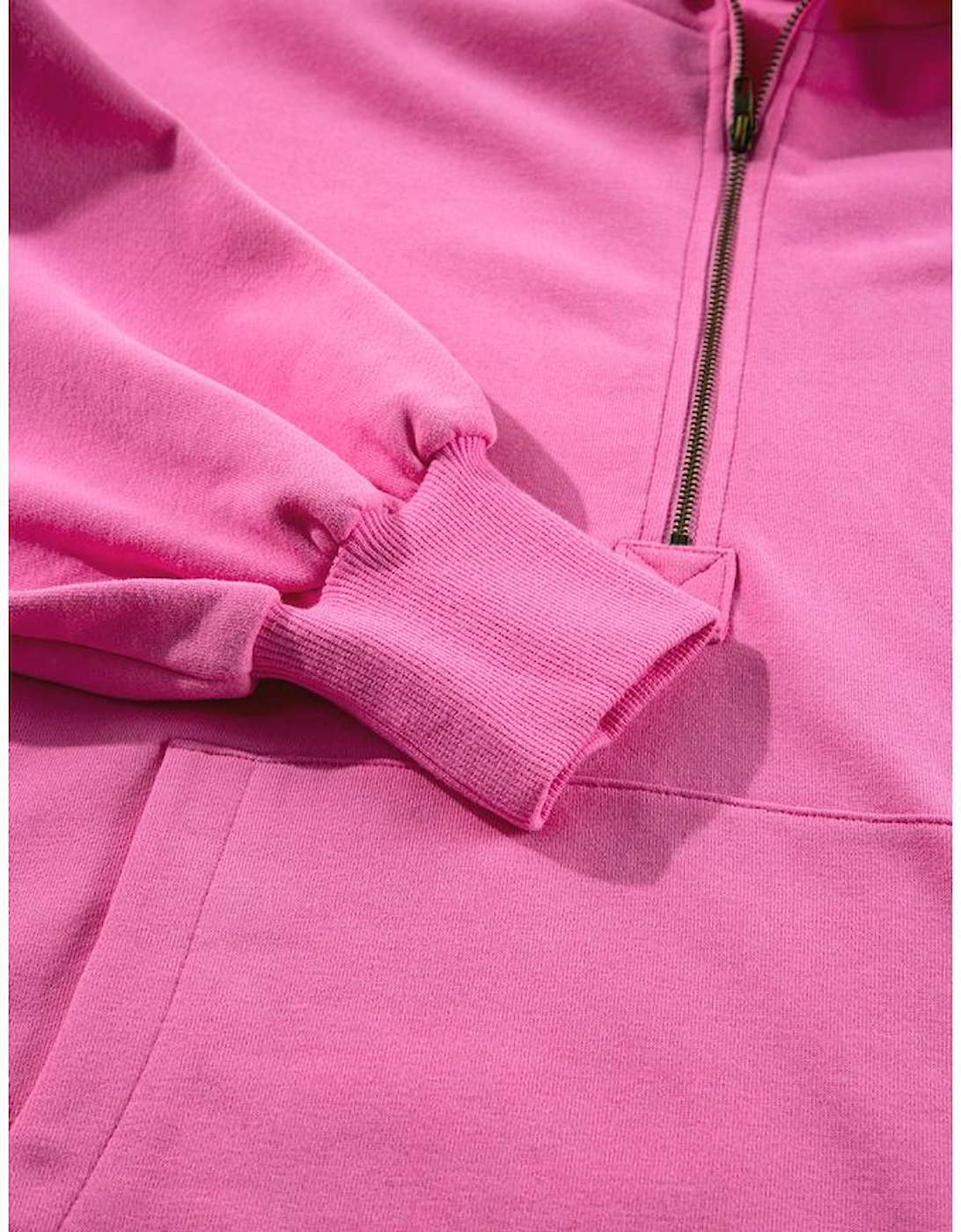 Bonbon Fleece Lined Half Zipper Kangaroo Pockets Loose Hoodie