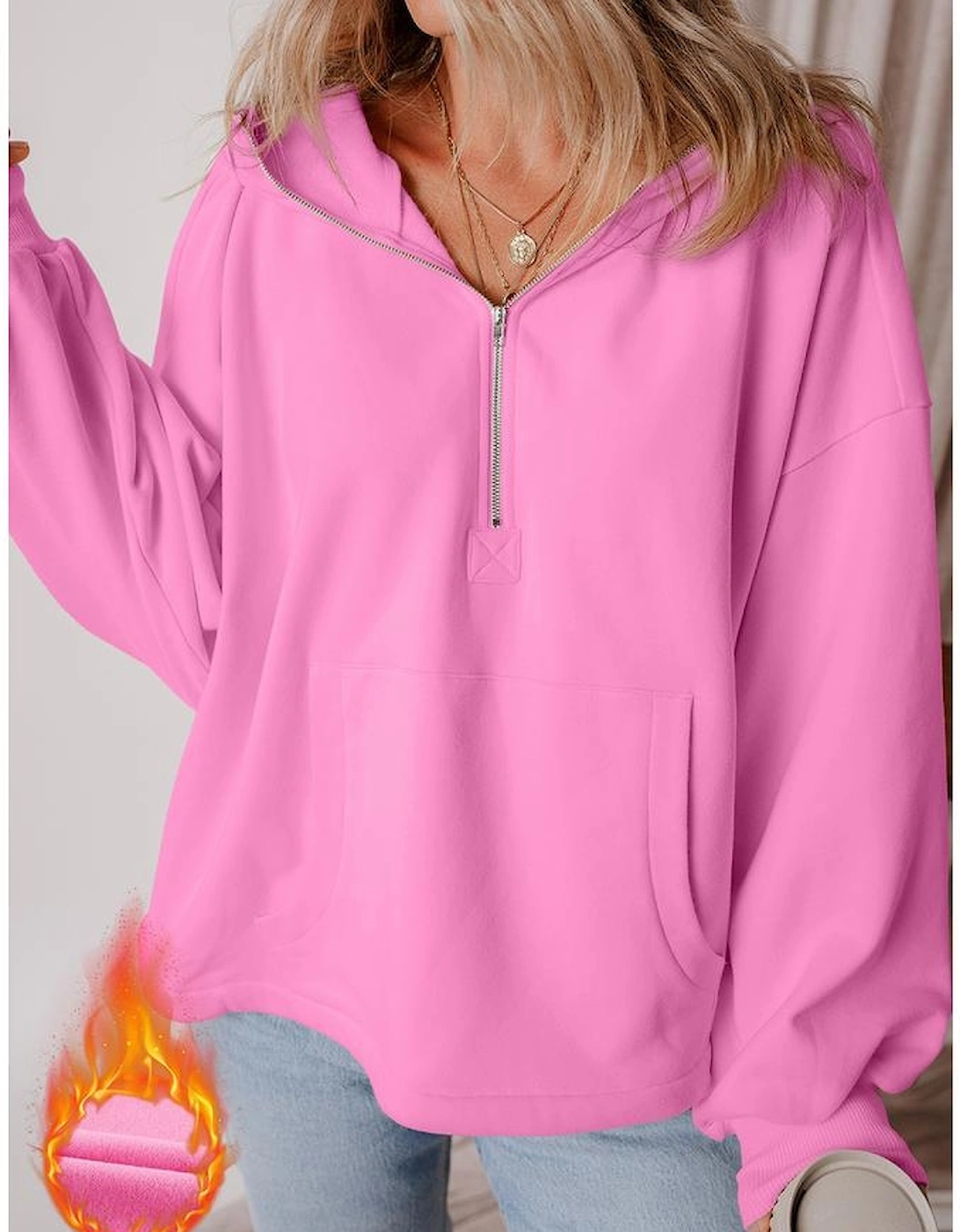 Bonbon Fleece Lined Half Zipper Kangaroo Pockets Loose Hoodie