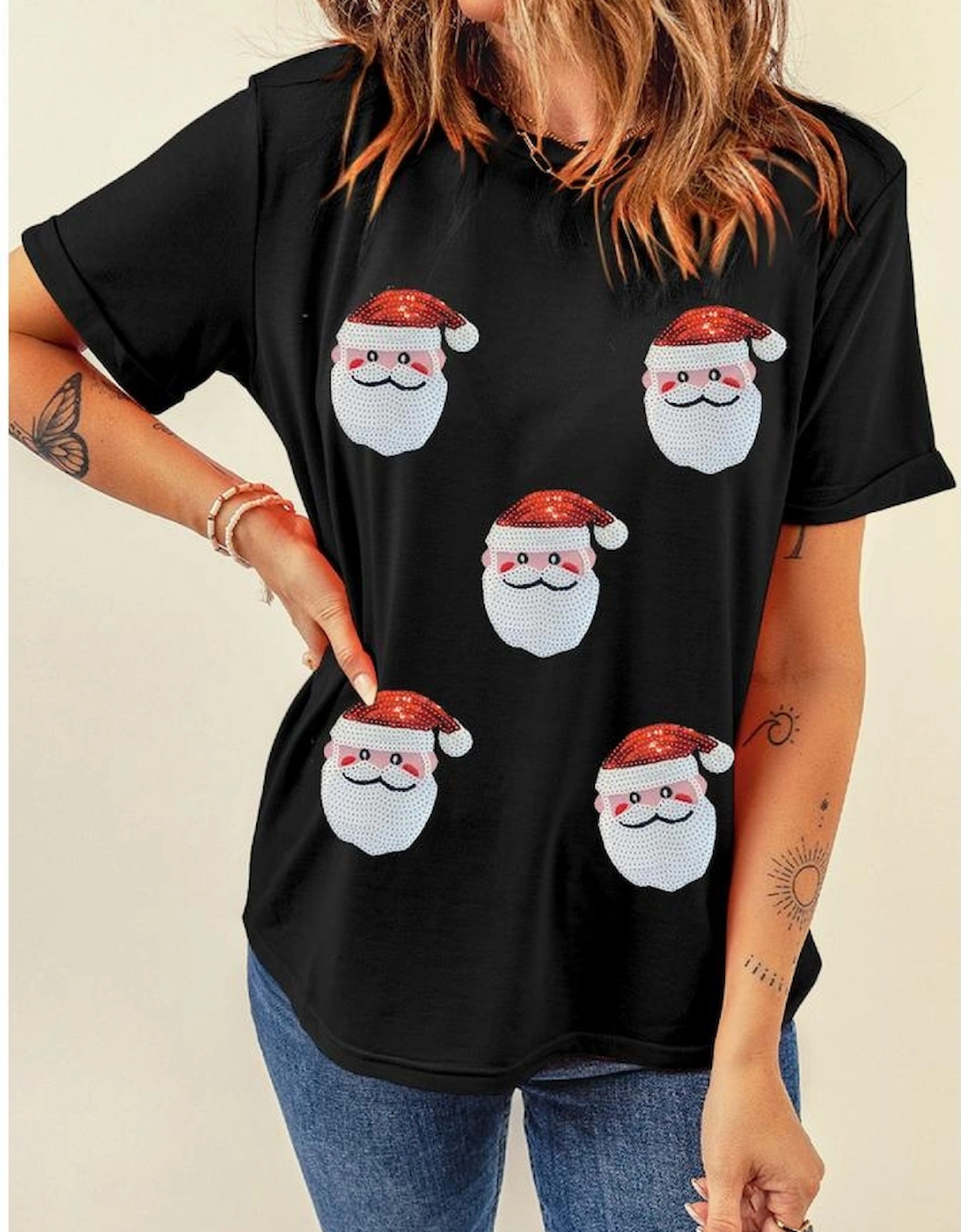 Black Sequin Christmas Claus Pattern Crewneck T Shirt