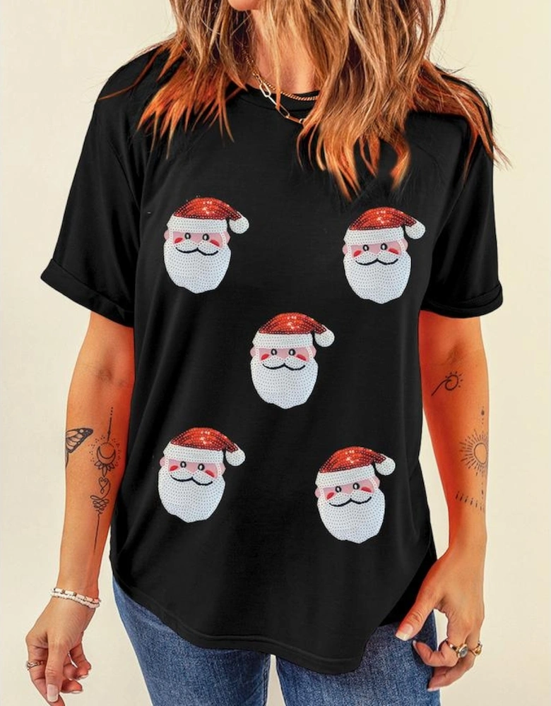 Black Sequin Christmas Claus Pattern Crewneck T Shirt