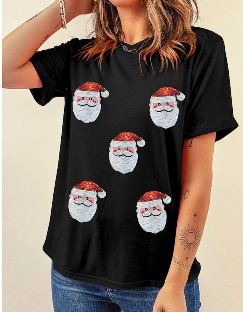 Black Sequin Christmas Claus Pattern Crewneck T Shirt