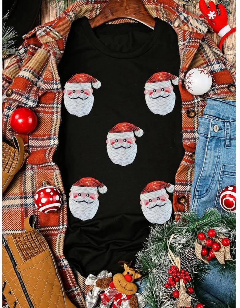 Black Sequin Christmas Claus Pattern Crewneck T Shirt