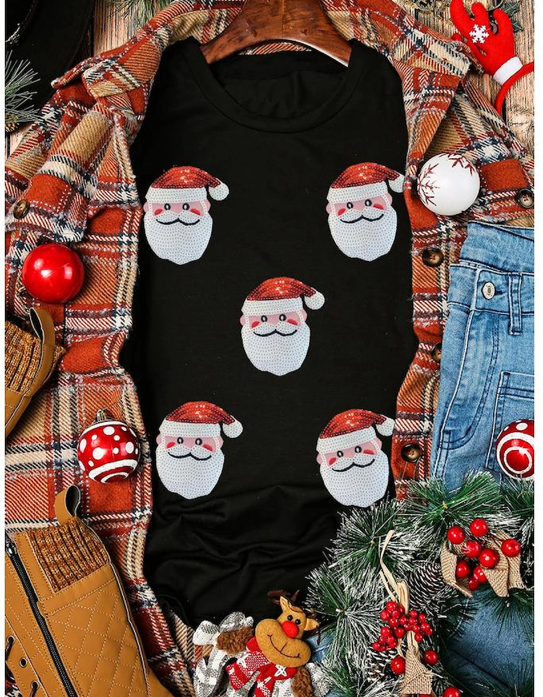 Black Sequin Christmas Claus Pattern Crewneck T Shirt