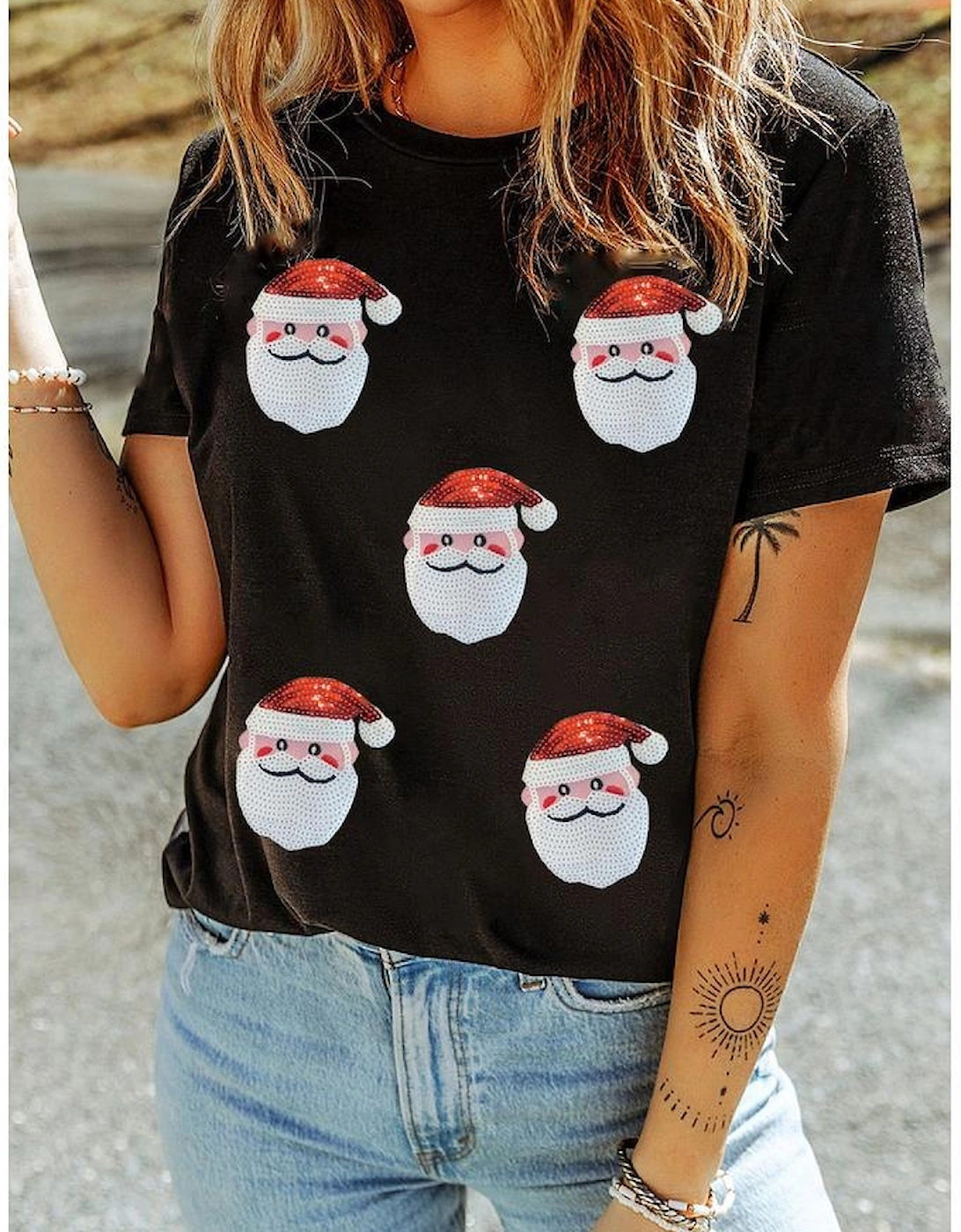 Black Sequin Christmas Claus Pattern Crewneck T Shirt