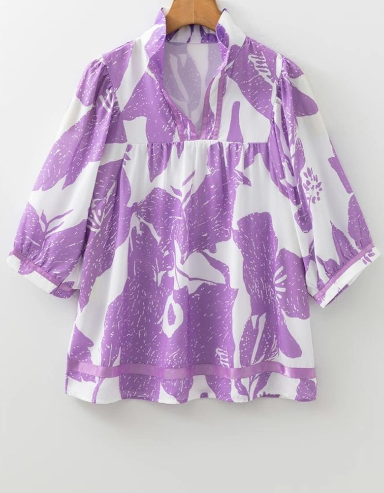Purple Leafy Print 3/4 Sleeve Striped Trim Split Neck Blouse