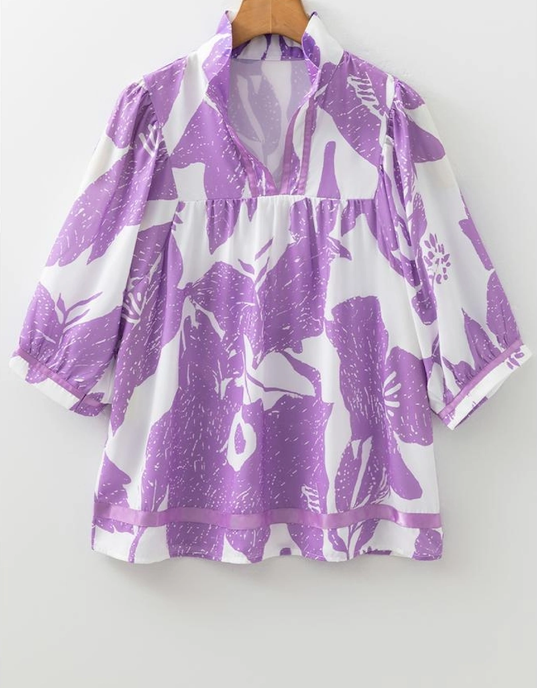 Purple Leafy Print 3/4 Sleeve Striped Trim Split Neck Blouse